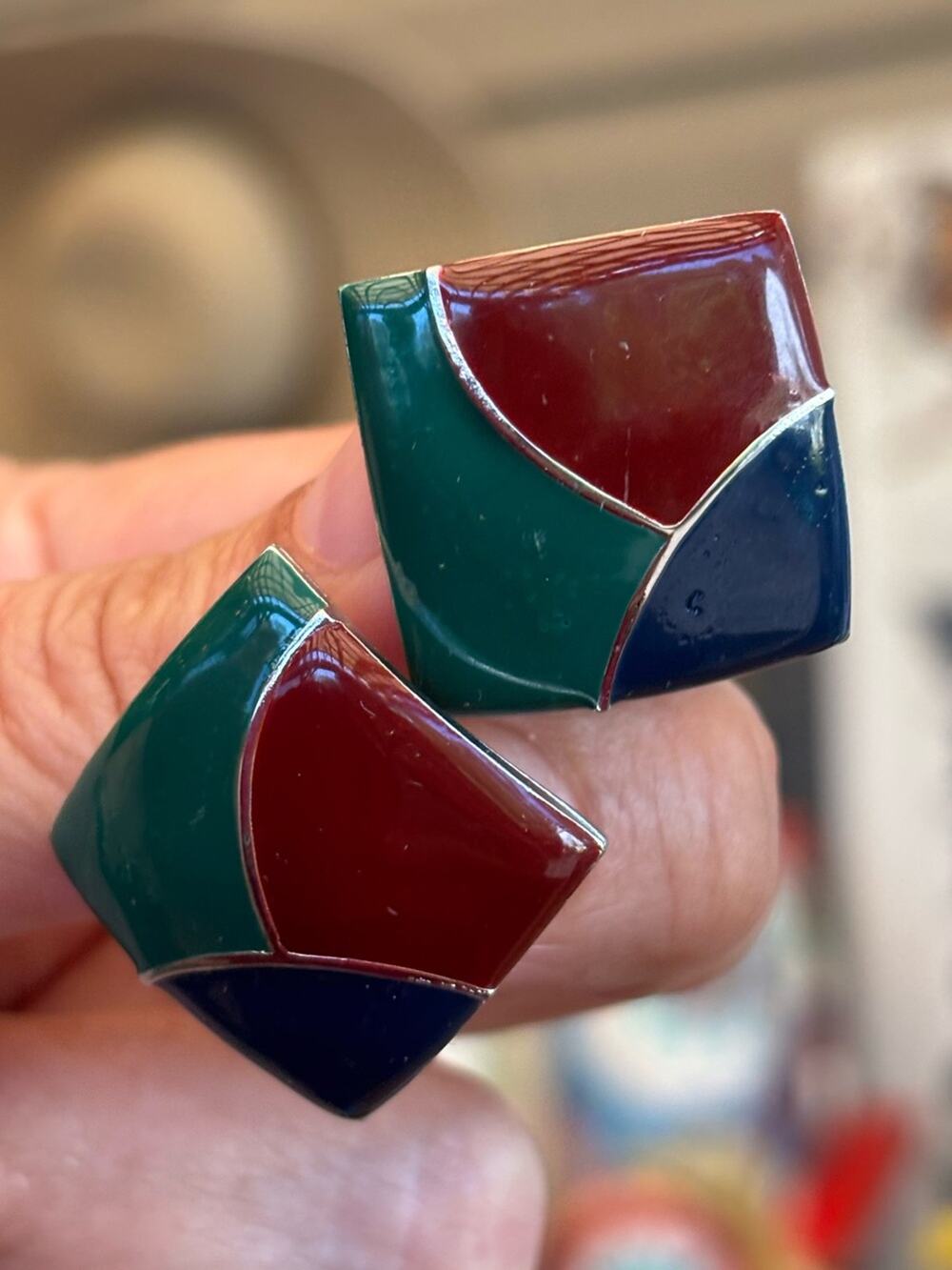 Vintage estate sale Emerald, Burgundy & Navy Geometric Enamel Stud Earrings
